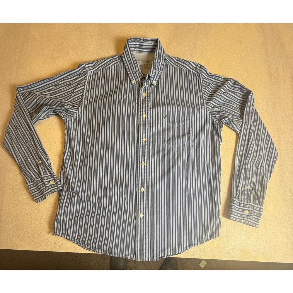 American Eagle Shirt Mens Medium Blue Green Striped Button Up Long Sleeve Cotton